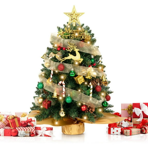 Elainilye 2FT Mini Prelit Christmas Tree for Tabletop Desk Room Decor, Small Artificial Tree with Lights for Home Office Holiday Decoration