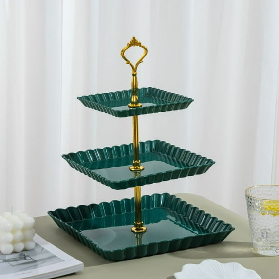 Elainilye 3-Tier Serving Stand, 12 Inch Chrome Metal Dessert Tray with Crown Topper - Display for Fruits Candy Dim Sum at Party Wedding KTV, Green