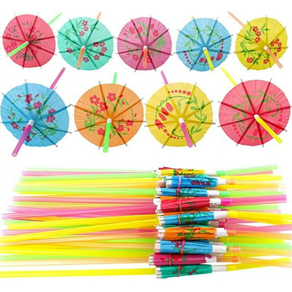 Elainilye 300pcs Umbrella Drink Straws, 9.45 Inch Disposable Paper Straws Assorted Colors, Umbrella Straws for Cocktail, Juice,Great for Summer Beach, Party, Bar, 300 Pcs