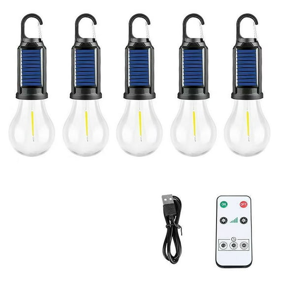 Elainilye 5-Pack Solar Rechargeable Camping Lights with Hook, Waterproof LED Remote Control Lights Outdoor, Tent Lights for Camping, Hanging Light Bulbs with Clip Hook for Hiking, Party, Home