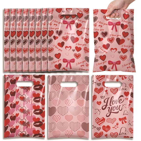 Elainilye 50PCS Valentine's Day Handbag with Romantic Heart Print, Candy Gift Bag for Festival Declaration and Party Favor