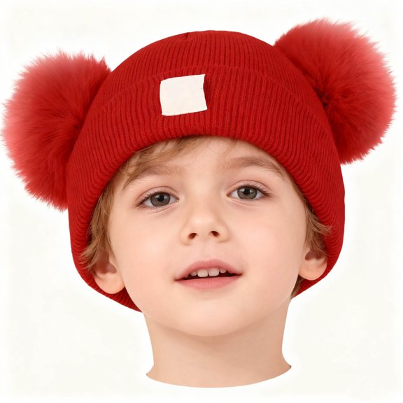 Elainilye Baby Knitted Hat with Double Heart Embroidery and Pom Poms Warm Comfortable Winter Hat for Infants Toddlers Daily Wear and Cold Weather