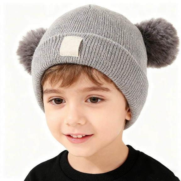 Elainilye Baby Knitted Hat with Double Heart Embroidery and Pom Poms Warm Comfortable Winter Hat for Infants Toddlers Daily Wear and Cold Weather