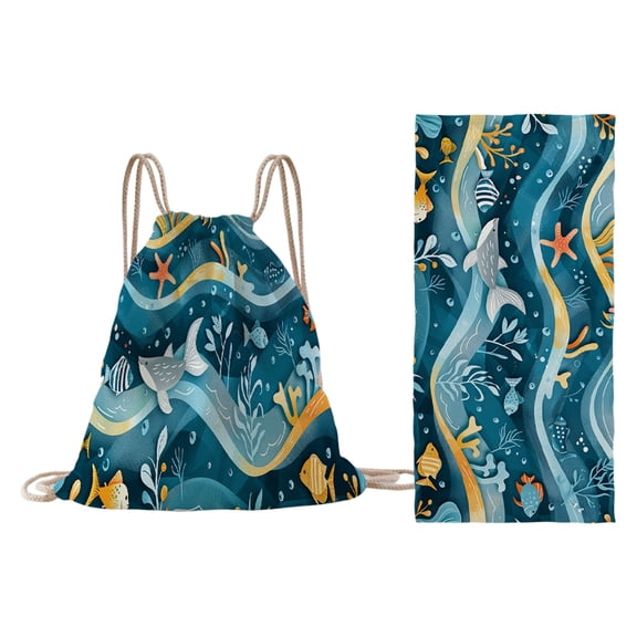 Elainilye Beach Towel Bag, 2 in 1 Microfiber Sand Free Towel Backpack, Drawstring Printed Blanket Bag, Large 55 x 27 Inch, Pool Bag Towel Carry All Travel Set, B