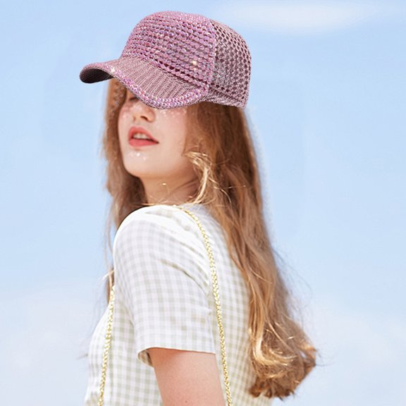 Elainilye Bling Baseball Cap, Women's Crystal Rhinestone Studded Hat Ponytail Opening Mesh Back Design Summer Beach Concert Sports Event Church Service Fashion Headwear, Pink