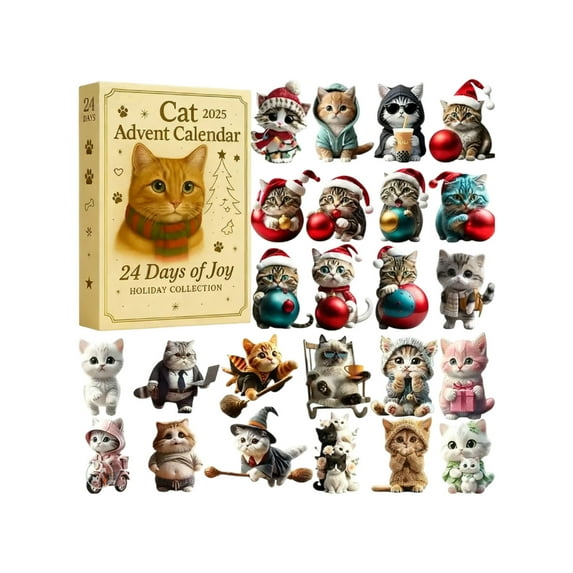 Elainilye Cat Christmas Advent Calendar 24-Day Countdown Hanging Set with Ornaments for Living Room Holiday Decor
