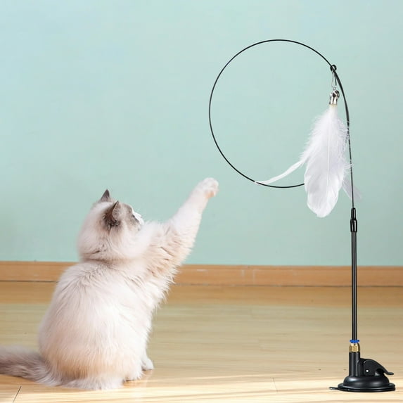 Elainilye Cat Toy Wand, Feather Teaser with Bells,Interactive Play Stick for Kittens Cats Replaceable Pet Exercise Toy, Suction Cup Mount, White