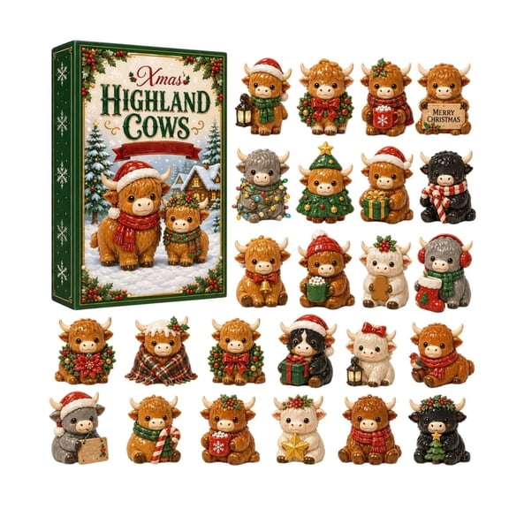 Elainilye Christmas Highland Cow Advent Calendar, 24 Days Countdown Box with Highland Cow Figurine Ornaments, Holiday Tree Decor, Gift for Cows Lovers, 24 PCS