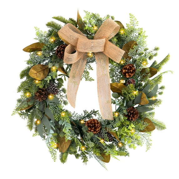 Elainilye Christmas Linen Bow Light Up Wreath for Door Decor, 18 inch Pine Cones Wreath for Shop Window and Home, Holiday Lighted Wreath for Indoor and Outdoor