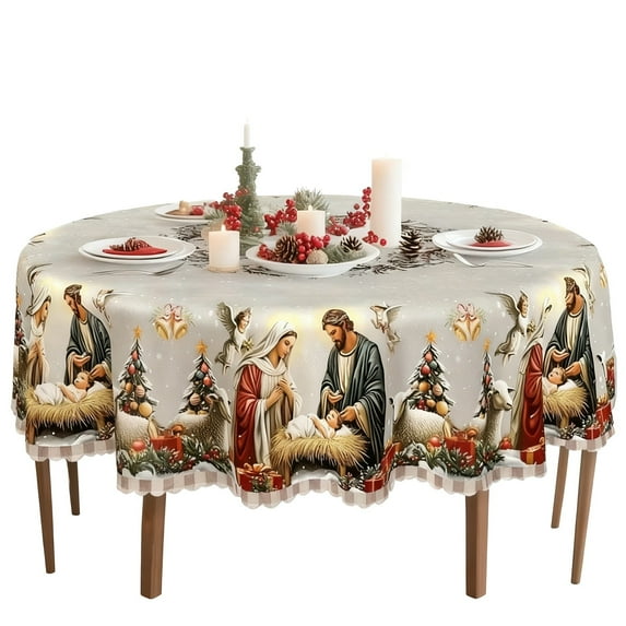 Elainilye Christmas Tablecloth with Nativity Scene, Vintage Traditional Christmas Tree Patterns Holiday Dining Table Cover for Restaurant Party Family Festival