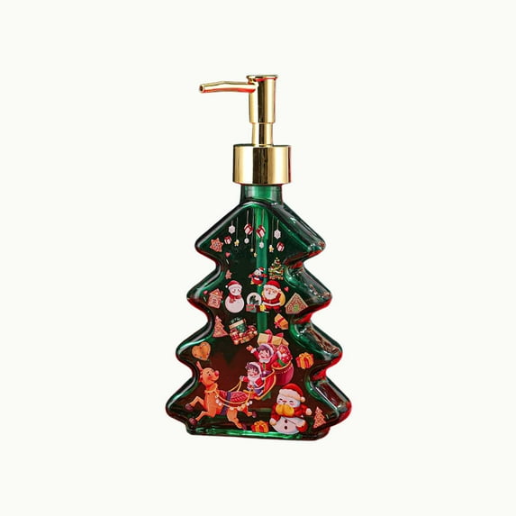 Elainilye Christmas Tree Bottle, 300ML Push Dispenser for Lotion Shower Gel and Shampoo, Glass Bottle with Holiday Design for Hotel or Home Bathroom