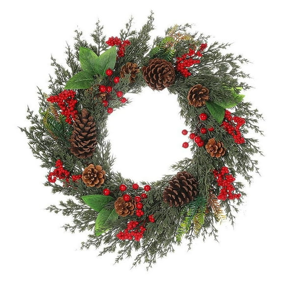 Elainilye Christmas Wreath with Pines and Red Berry 18in Rattan Ornament for Home Decor Xmas Tree Door Hanging Indoor Outdoor