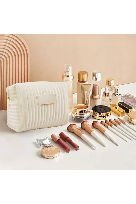 Elainilye Cosmetic Bag, Striped Velvet Makeup Pouch Travel Toiletry Organizer, Large Capacity Soft Storage Case for Women, Beige