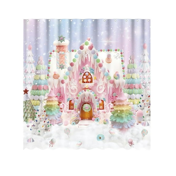 Elainilye Dream Christmas Candy House Macaron Tree Bath Towel Curtain No-Drill Fabric for Bathroom Holiday Decor Kids Theme