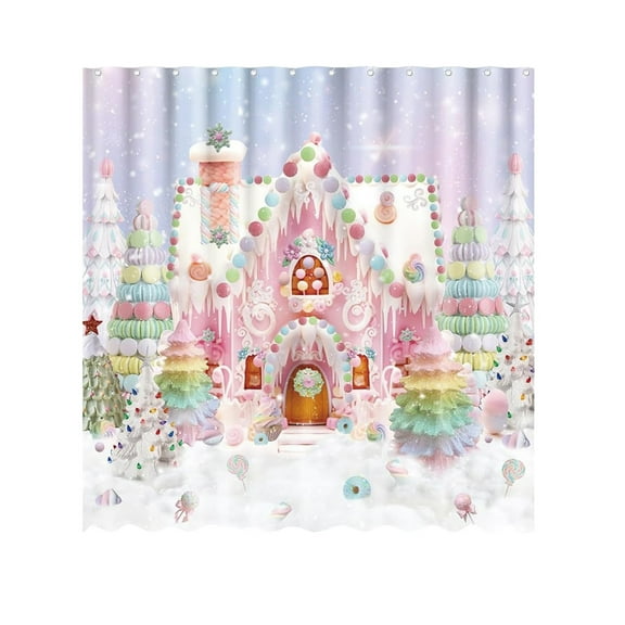 Elainilye Dream Christmas Candy House Macaron Tree Bath Towel Curtain No-Drill Fabric for Bathroom Holiday Decor Kids Theme