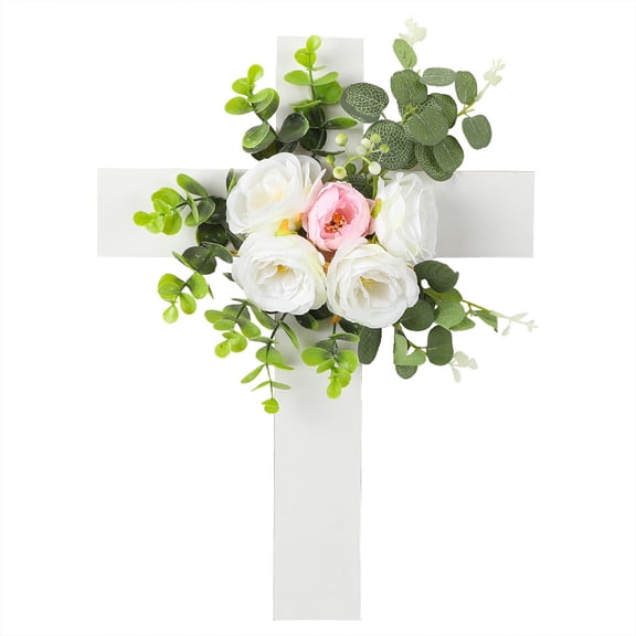 Elainilye Easter Crosses Artificial Flower Door Hanging, Spring Religious Home Decoration for Easter Holiday, Front Door Wall Decor for Indoor and Outdoor Use