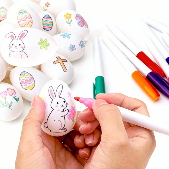Elainilye Easter Eggs DIY Kit 24 Count White Egg Blanks with 4 Markers for Kids Crafts Graffiti Eggs Childrens Art Activities Easter Party Favors Decorations
