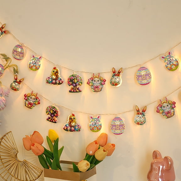 Elainilye Easter String Lights with Bunny Chick Egg Tree Designs, 59 Inch Festive Mood Lights for Holiday Decor, 3 Styles Mix, Indoor Outdoor Party Lighting for Spring