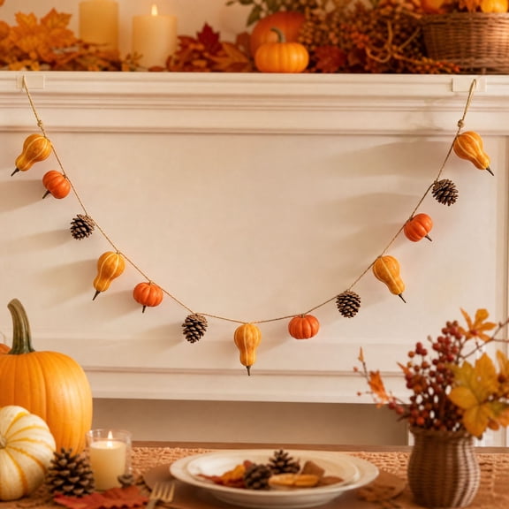 Elainilye Fall Pumpkin Garland Wooden Bead Thanksgiving Hanging Decor Indoor Outdoor for Fireplace Mantel Wall Home Party
