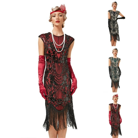 Elainilye Fashion 1920 Vintage Sequin Dress Studded Tassel Dress High-end Banquet Evening Dress Sleeveless V-neck Dress Prom Dress,Black