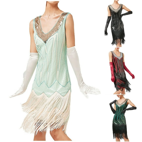 Elainilye Fashion 1920 Vintage Sequin Dress Studded Tassel Dress High-end Banquet Evening Dress Sleeveless V-neck Dress Prom Dress,Green