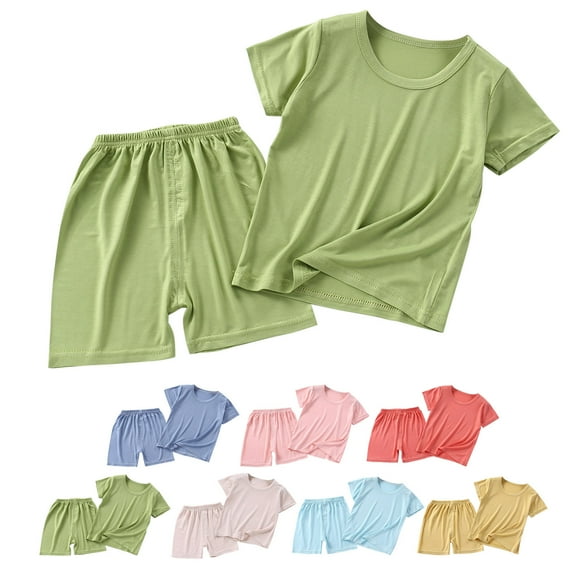 Elainilye Fashion Baby Boys and Girls Round Neck Short Sleeved Solid Color T-shirt Low Waisted Shorts Set Sizes 6M-7Y,Green