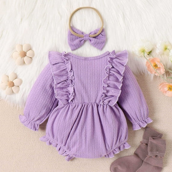 Elainilye Fashion Baby Clothes for Girls Long Sleeve Bodysuit Romper Newborn Bodysuits Headbands Set, Sizes 3-18 Months