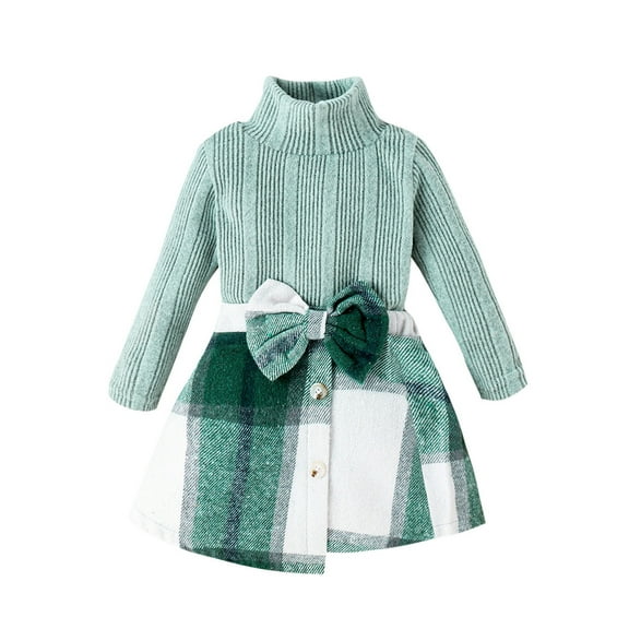 Elainilye Fashion Baby Girl Dress Turtleneck Knit Long Sleeve Top with Bow Plaid Skirt Set, Sizes 6M-4Y