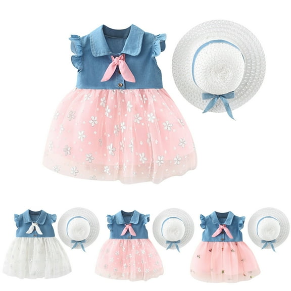 Elainilye Fashion Baby Girls Tutu Dress Cute Sleeveless Sweet Embroidery Print Ruffle Dress Hat Set, Sizes 6M-3Y,Blue