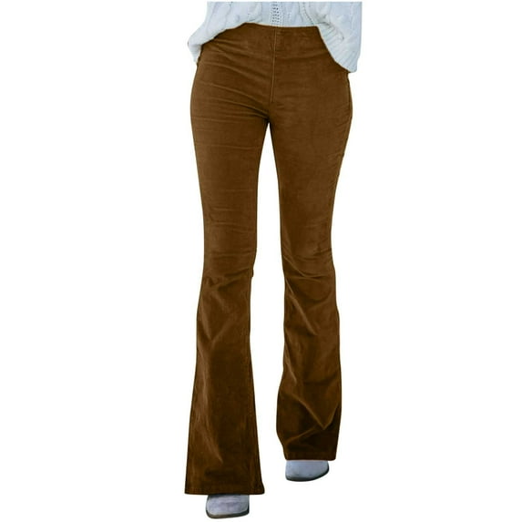 Elainilye Fashion Baggy Pants Women Comfortable Solid Color Casual Flared Pants Trousers with Pockets,Brown