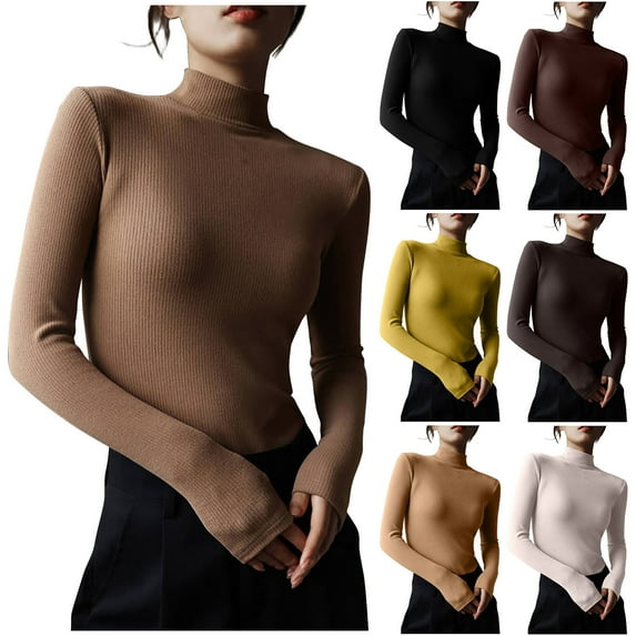 Elainilye Fashion Basic Long Sleeves for Women Fall Bottomed Double-sided Long Sleeve Basic Tops Undershirt,Beige