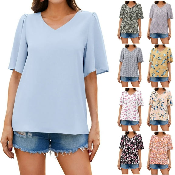 Elainilye Fashion Basic Tops for Women Summer Solid Color V-Neck Short Sleeve Loose Tops Shirts Blouses,Blue