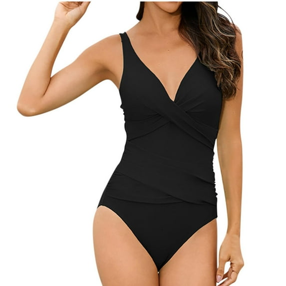 Elainilye Fashion Bathing Suit for Women Tummy Control One Piece Swimsuit Sexy Deep V Slimming Swimsuit Swimwear,Black