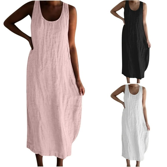 Elainilye Fashion Beach Dresses for Women Holiday Summer Casual Round Neck Beach Sleeveless Dress,Black