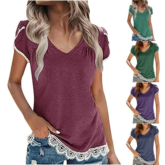 Elainilye Fashion Blouses for Women Casual Summer Half Sleeve V-Neck Pullover Top Solid Casual Blouse Tops,Blue