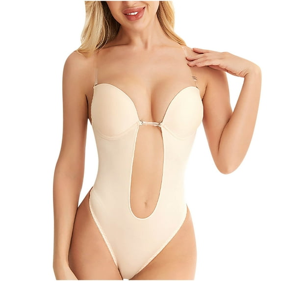 Elainilye Fashion Body Suits for Womens Tummy Control Bodysuit Chest Cushion Comfortable Hollow Out Bra Underwear,Beige