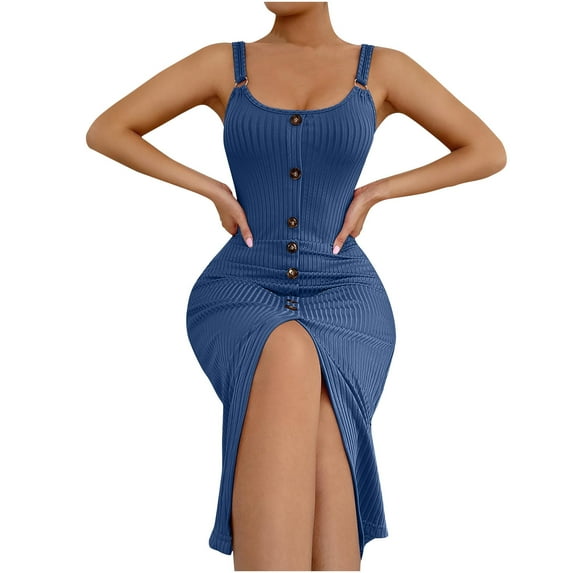 Elainilye Fashion Bodycon Dresses for Women Casual Round-Neck Sleeveless Straps Solid Color Loose Vest Sling Dress,Blue