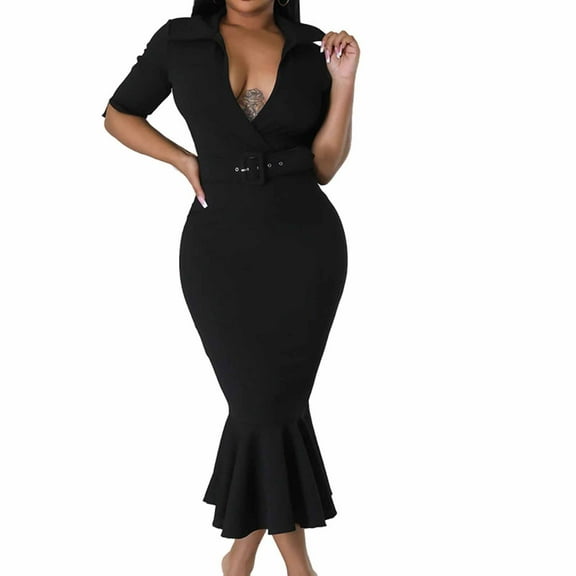 Elainilye Fashion Bodycon Dresses for Women Solid Color Wrap Buttocks Flounce Short Sleeve V-Neck Mid-Calf Dress,Black