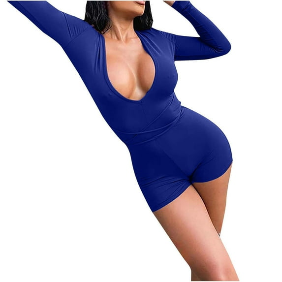 Elainilye Fashion Bodysuits for Women Round Neck Lacing Solid Color Long-Sleeved Shorts Backless Fallow Jumpsuit,Blue
