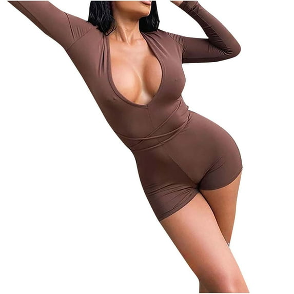 Elainilye Fashion Bodysuits for Women Round Neck Lacing Solid Color Long-Sleeved Shorts Backless Fallow Jumpsuit,Brown