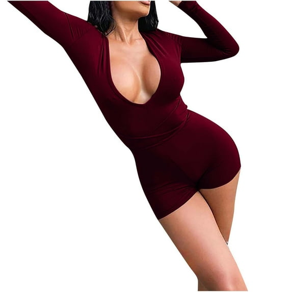 Elainilye Fashion Bodysuits for Women Round Neck Lacing Solid Color Long-Sleeved Shorts Backless Fallow Jumpsuit,Red