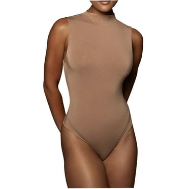 Elainilye Fashion Bodysuits for Women Short Sleeve Versatile Solid Color Tight Fitting Cutout Jumpsuit,Beige