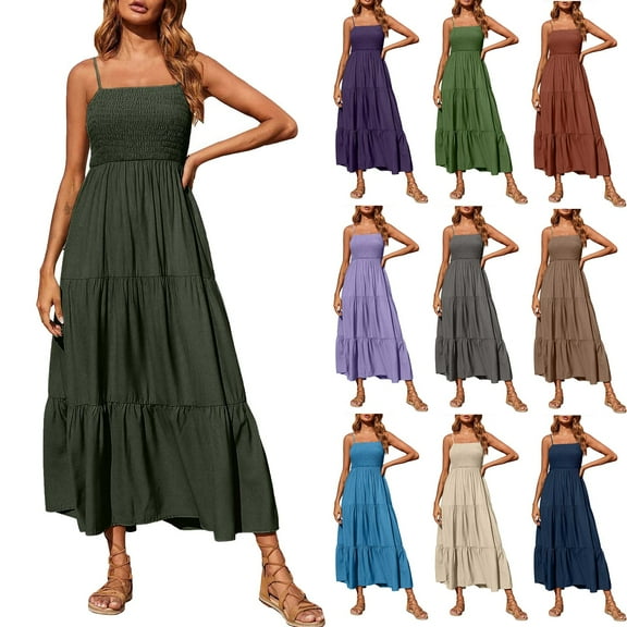 Elainilye Fashion Boho Summer Dress Plus Size Bohemian Spaghetti Strap Long Beach Sun Dresses Sleeveless Solid Maxi Dress,Brown