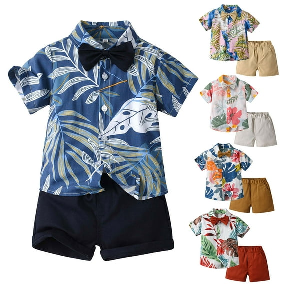Elainilye Fashion Boys 2 Piece Summer Holiday Beach Style Short Sleeve Flower Shirt Casual Pants Children's Suit,Gray