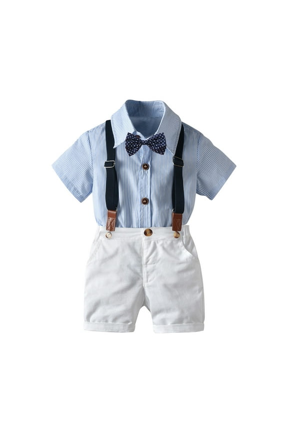Fashion Boys Formal Suits Set Summer Short Sleeve Shirt Suspender Shorts Bowtie Three-piece Set For 2-11 Years Old,White