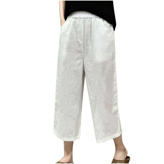 Elainilye Fashion Capri Pants Women Summer Straight Leg Pants Casual Solid Color Elastic Waist Pants with Pockets,White