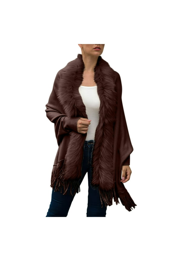 Fashion Cardigans For Women Casual Soild Fringe Knit Cardigan Sweater Plush Collar Coat Outerwear,Brown