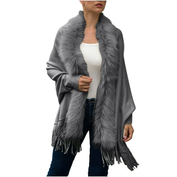 Elainilye Fashion Cardigans For Women Casual Soild Fringe Knit Cardigan Sweater Plush Collar Coat Outerwear,Gray