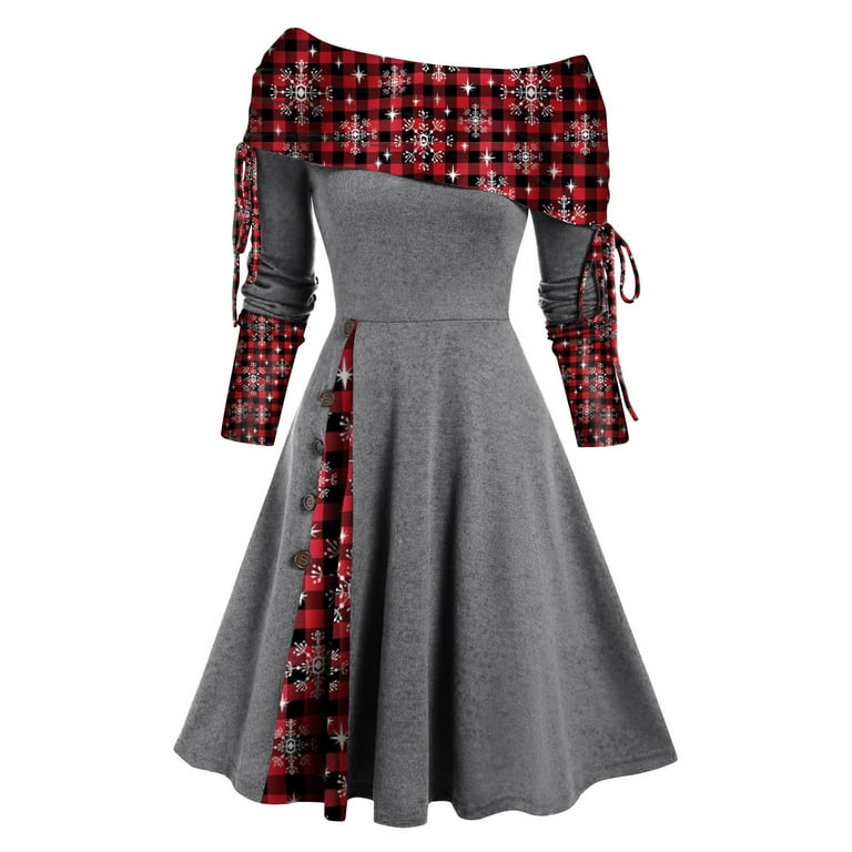 Elainilye Fashion Christmas Dresses For Women Christmas Printing Causal  Off-The-Shoulder Button Long Sleeve Dress Vacation Party Dress Prom  Dress,Gray 