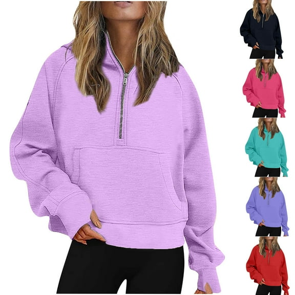 Elainilye Fashion Christmas Half Zip Sweatshirts Cropped Thumb Sleeve Hoodies Fleece Pullover Top Sweatshirts Fall Outfits,Blue